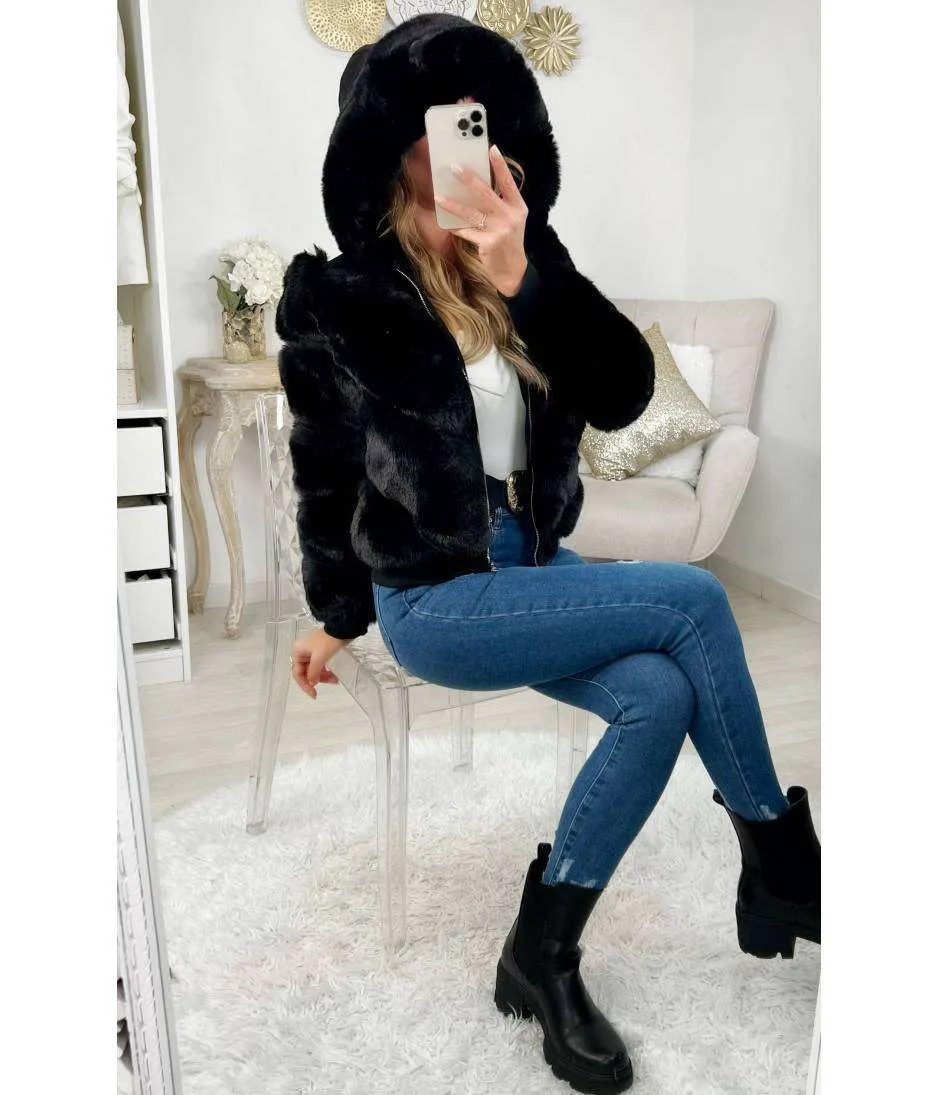 * Mon manteau court noir" Hood & Fur"