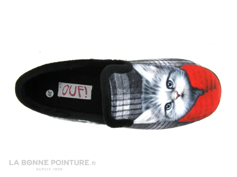 Achat chaussures Ouf ! Femme Pantoufle Chausson, vente Ouf SANGUINE Noir - Ecossais - Chat gilet rouge - Charentaise Femme