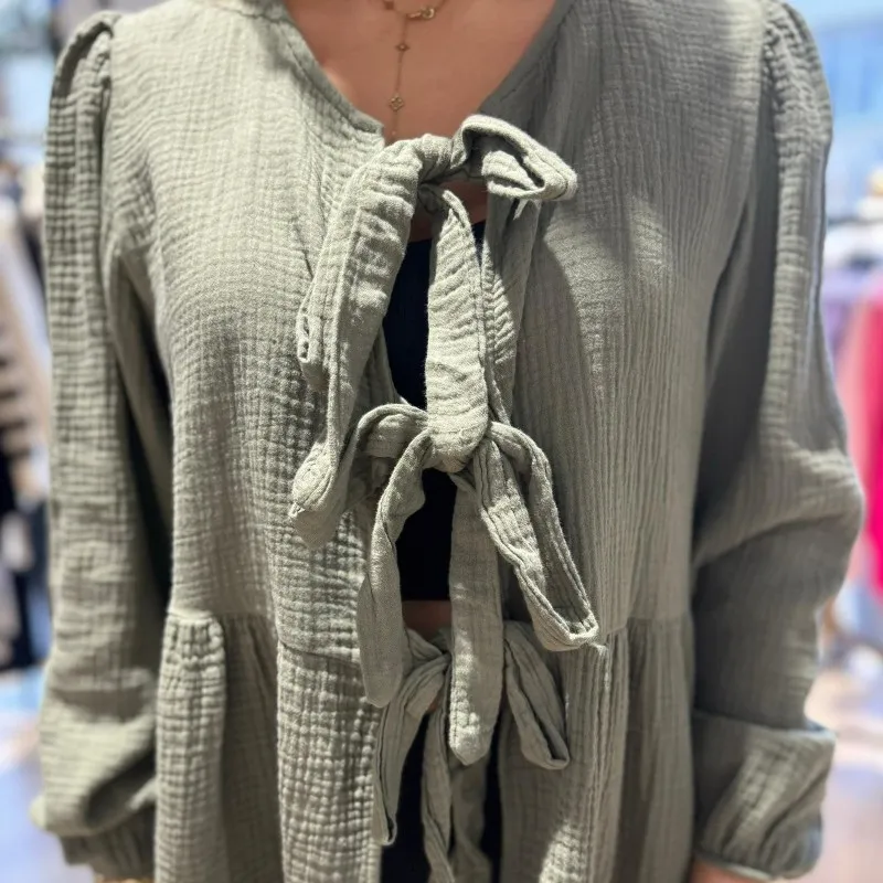 Blouse noeuds gaz de coton Kaki