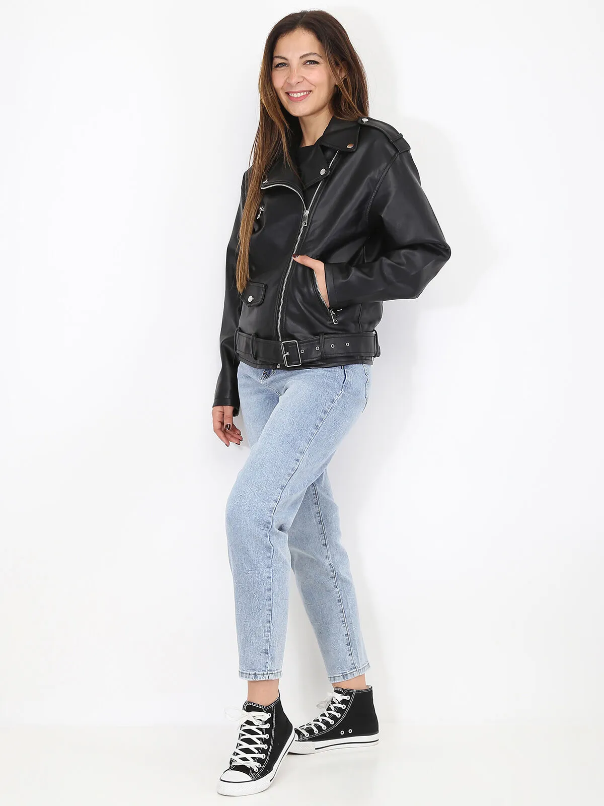 Blouson motard oversize en simili- Noir