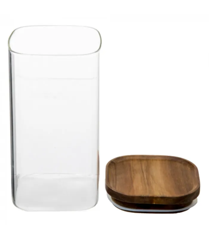 Bocal cuisine carré en verre avec bouchon acacia - 1.3L