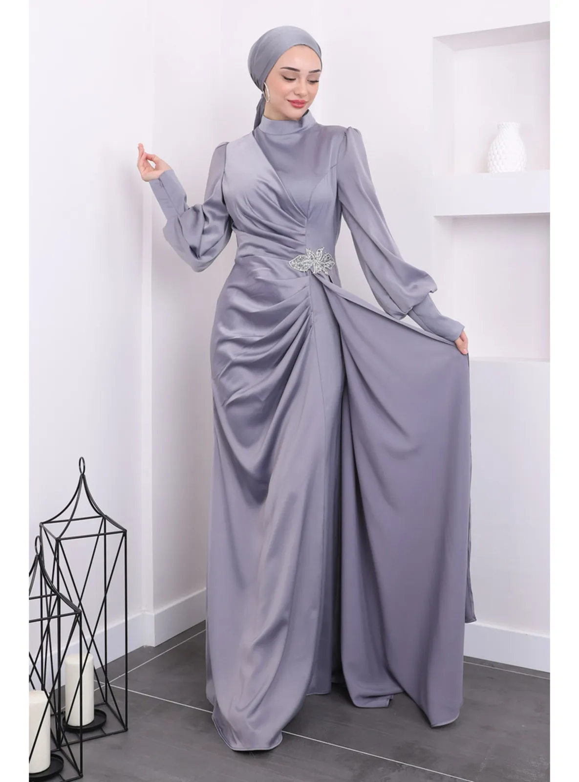 Grey - Unlined - Modest Evening Dress