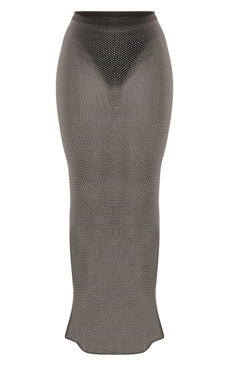 Jupe longue noire à taille basse en résille strassée transparente