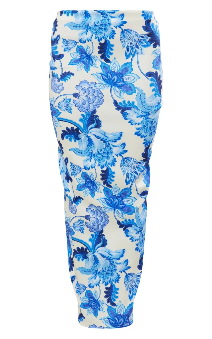 Jupe longue taille basse en maille tissée stretch bleue fleurie