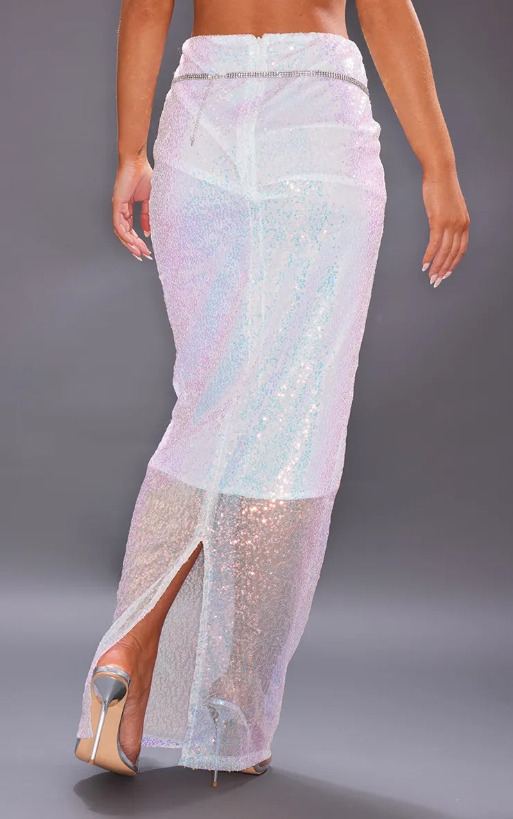 Jupe mi-longue blanche à sequins et détail fente au dos