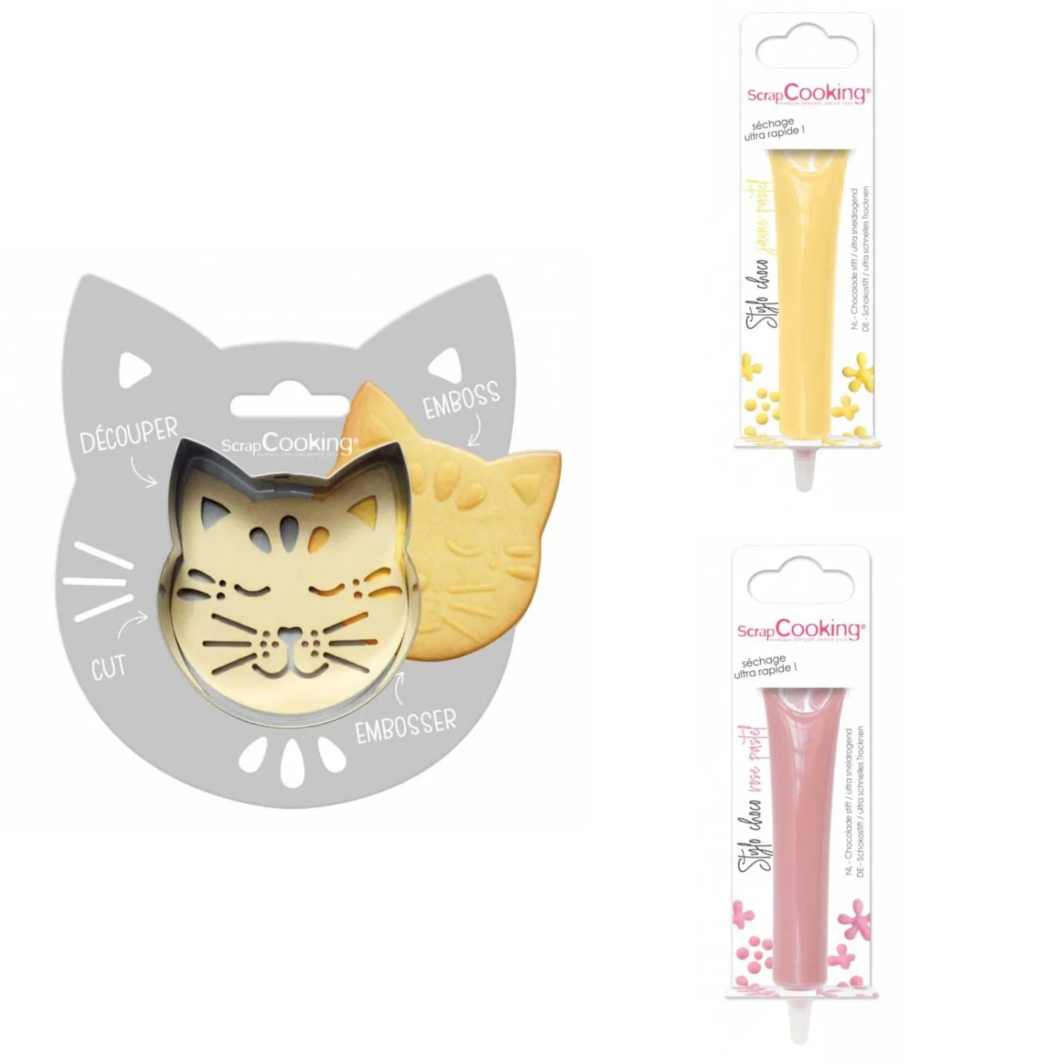 Kit pour biscuit en relief Chat + 2 Stylos au chocolat jaune pastel et 