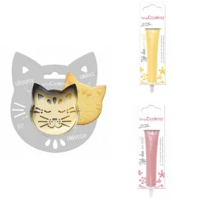 Kit pour biscuit en relief Chat + 2 Stylos au chocolat jaune pastel et 