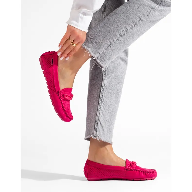 Le mocassin Shelovet daim ajouré rose pour femme