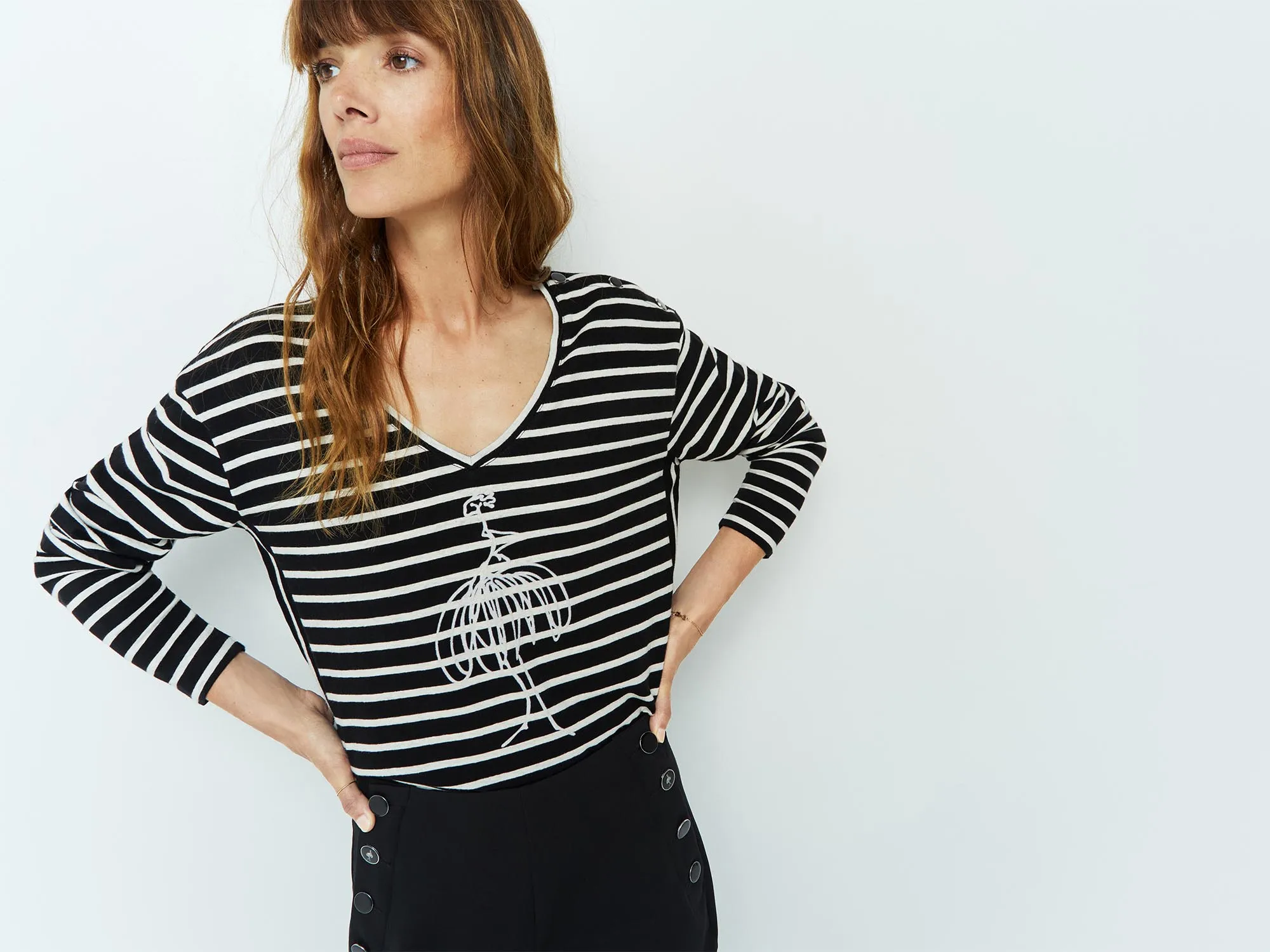 MARA - T-shirt marinière noire et écrue avec visuel danseuse