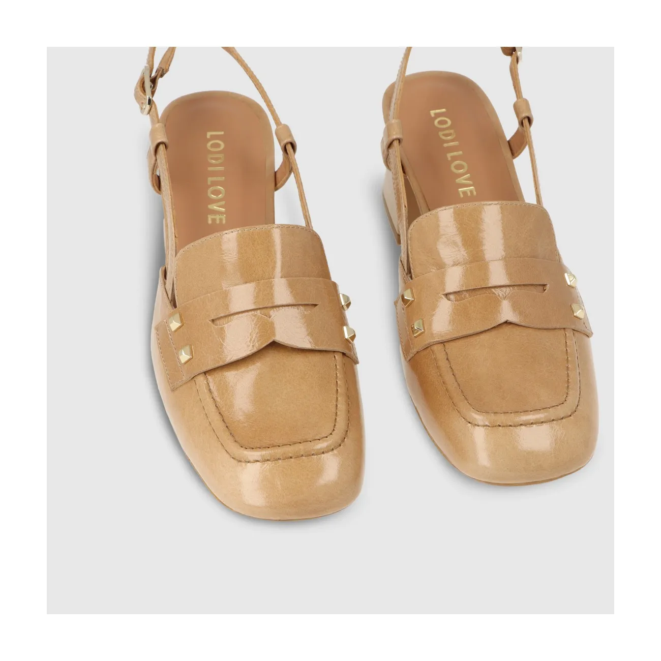 Mocassin slingback pour femme avec talon en cuir brillant beige. I LODI Chaussures pour femme online.