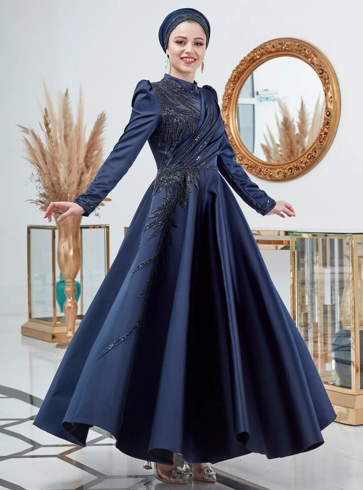 Navy Blue - Fully Lined - Crew neck - Modest Evening Dress