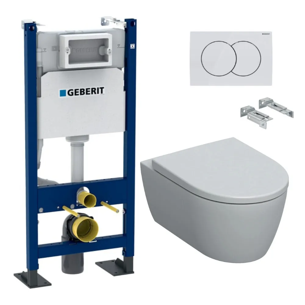 Pack Autoportant Bati-support Geberit Duofix + WC sans bride Geberit iCon + Abattant softclose + Plaque blanche (iConGebX)