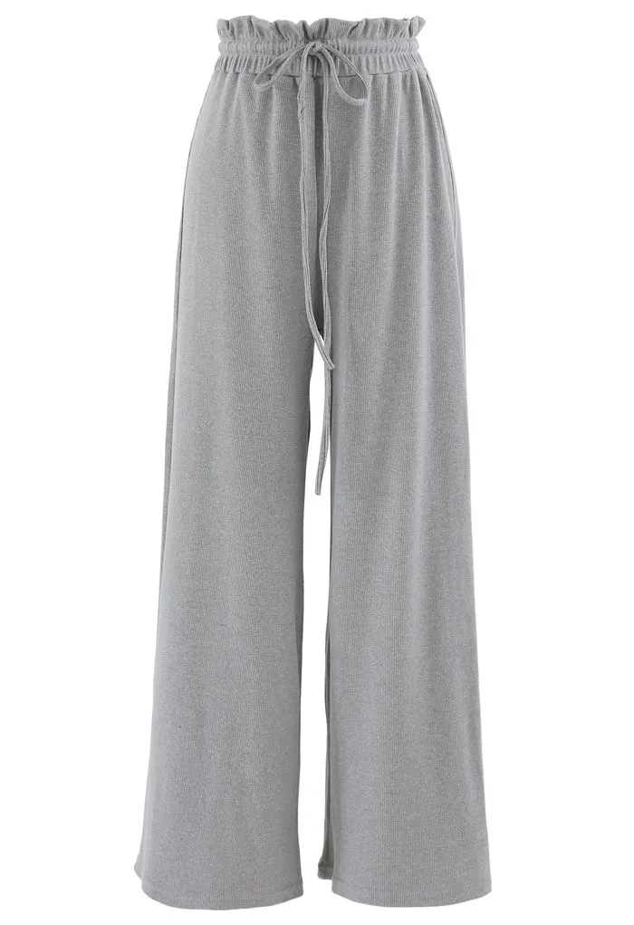 Pantalon de yoga côtelé à taille paper-bag avec cordon de serrage en gris