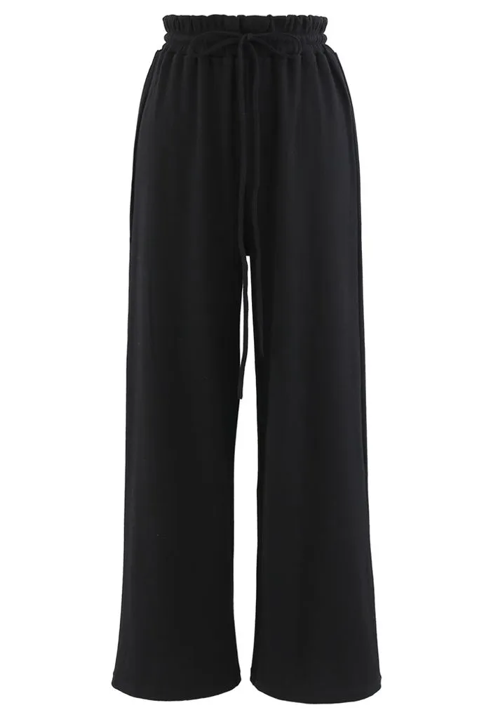 Pantalon de yoga côtelé à taille paper-bag avec cordon de serrage en noir