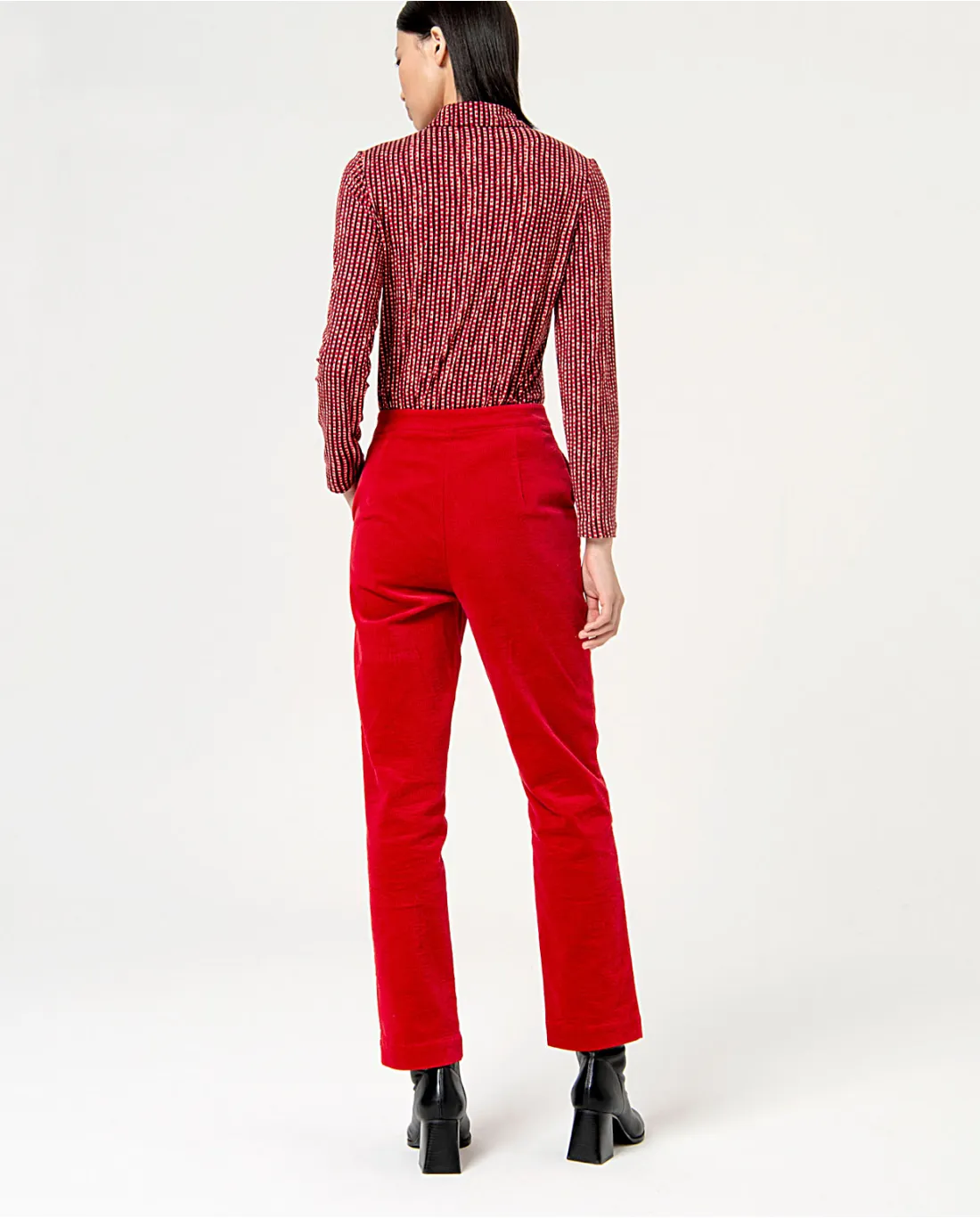 Pantalon droit uni en velours côtelé Rouge