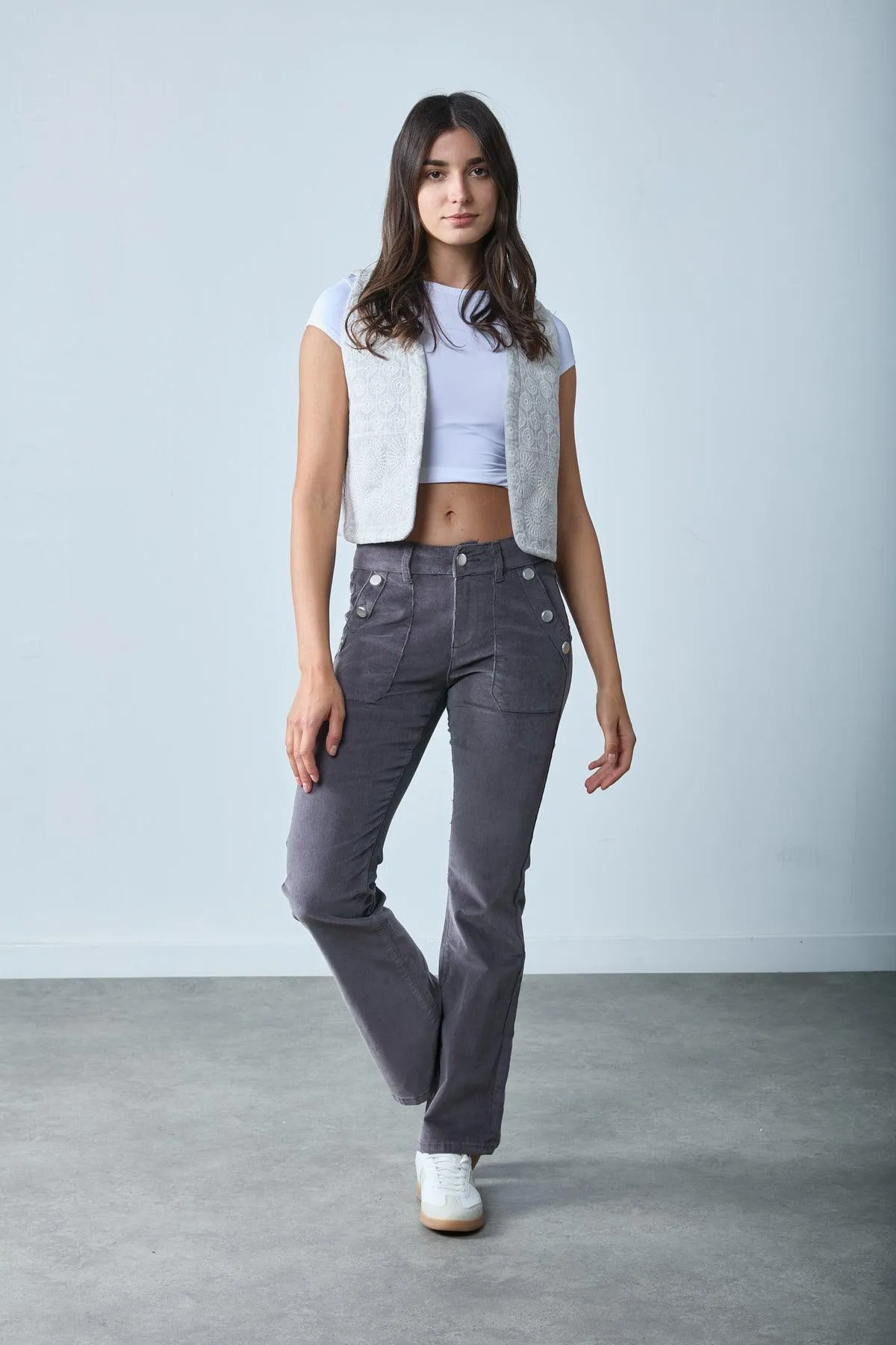 Pantalon velours flare détail bouton or - Edena