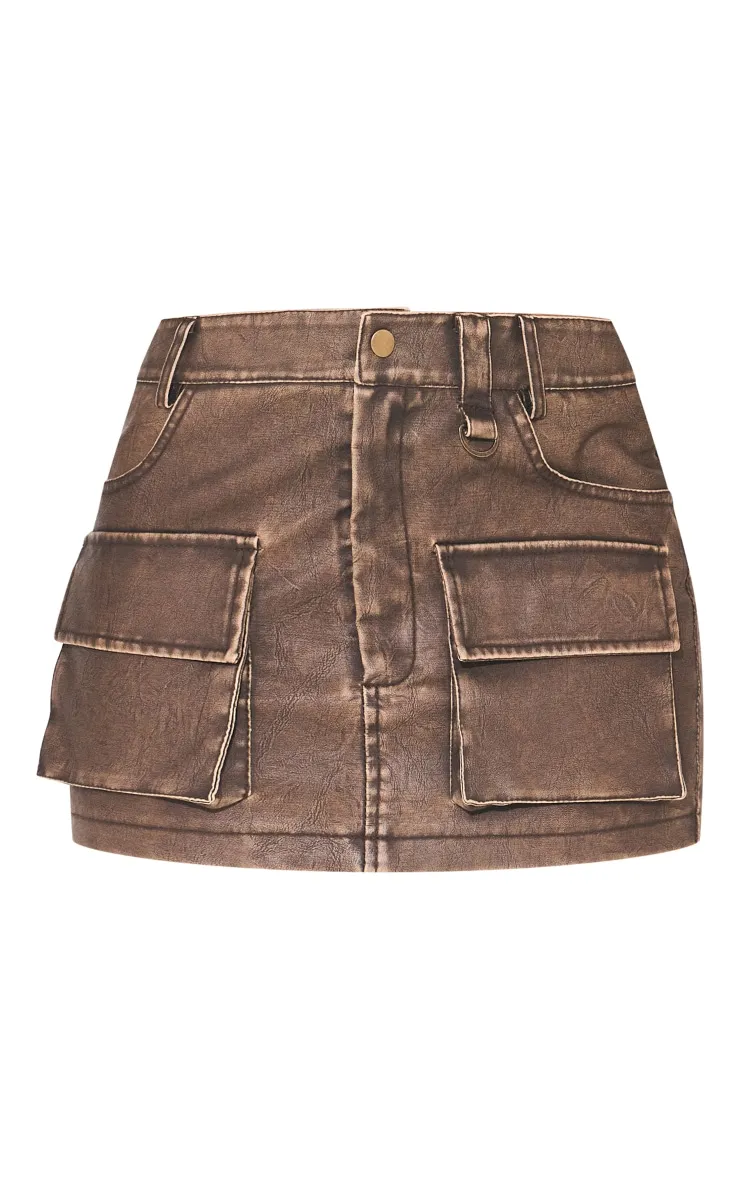 Petite Mini-jupe en PU délavé marron à détail poches