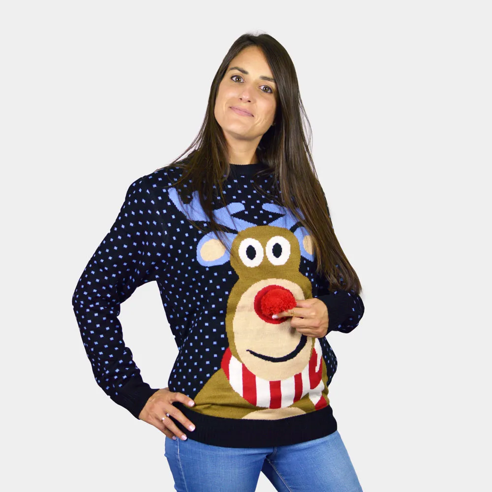 Pull de Nol pour Femme Bleu Renne au Nez Rouge 3D