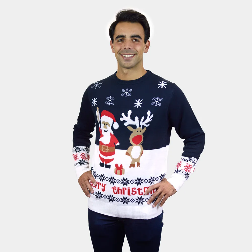 Pull de Nol pour Homme Bleu Père Nol et Rudolph le Renne Coton Bio