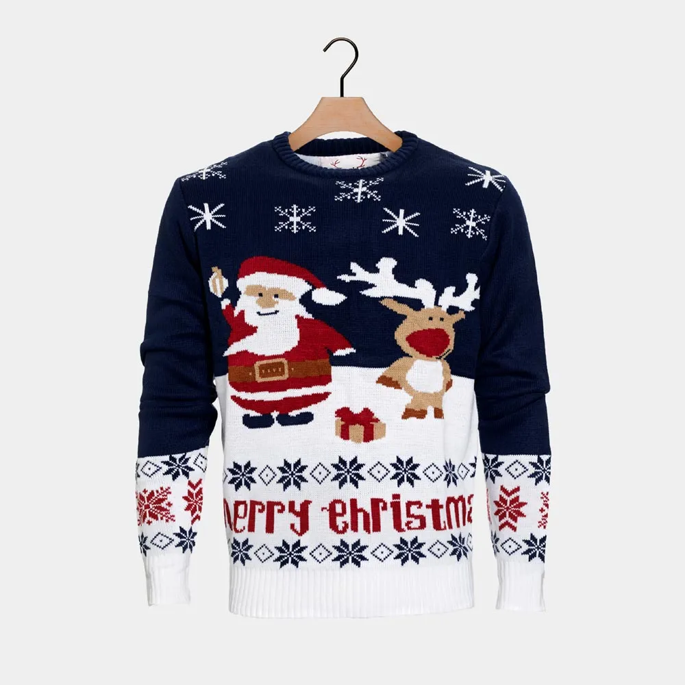 Pull de Nol pour Homme Bleu Père Nol et Rudolph le Renne Coton Bio