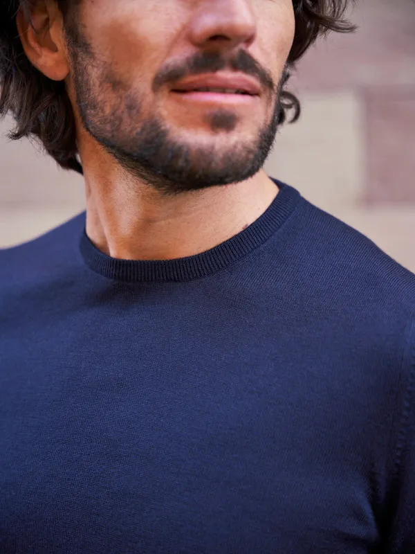 Pull en laine mérinos col rond Gabin bleu marine