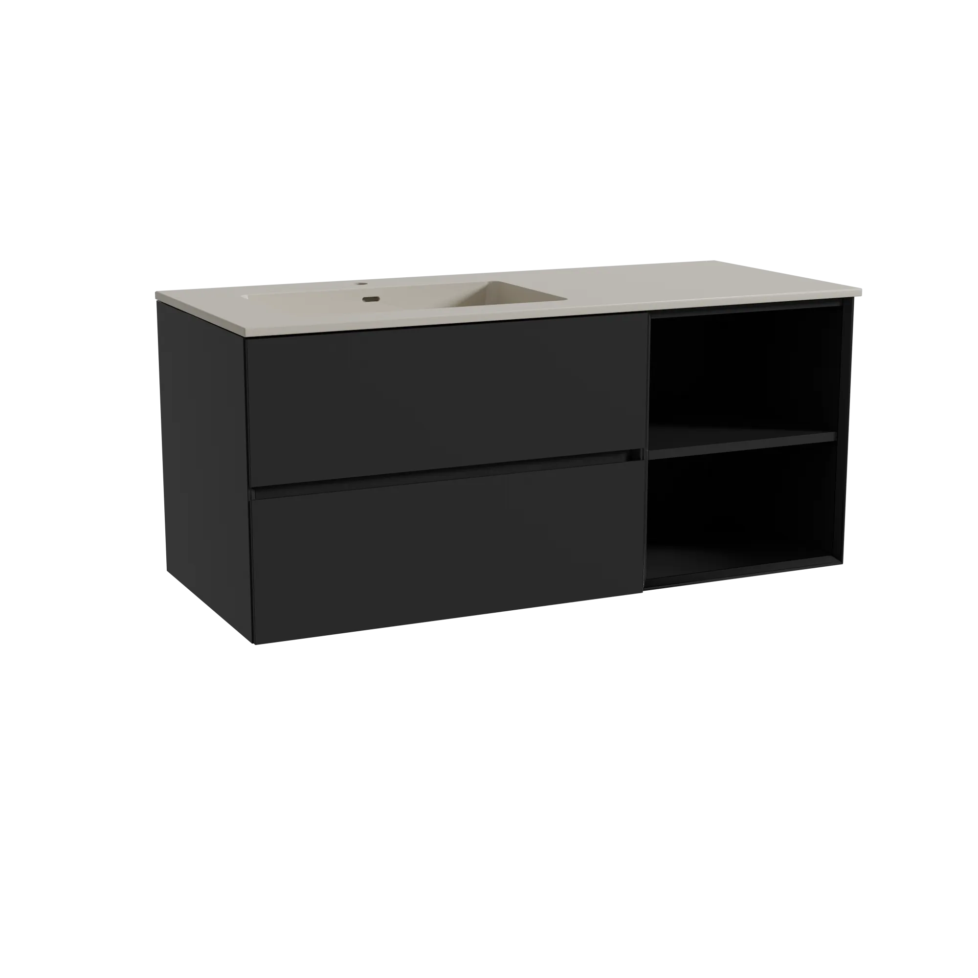 Storke Edge meuble salle de bains suspendu 120 x 52 cm noir mat avec Diva plan vasque asymétrique à gauche en top solid soie gri