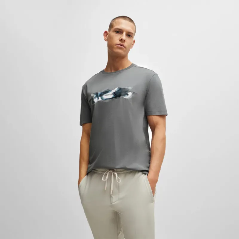 T-SHIRT BOSS TEE 8 GRIS EN COTON MÉLANGÉ À MOTIF ARTISTIQUE SKATE-BOARD SUR LE DEVANT ET AU DOS