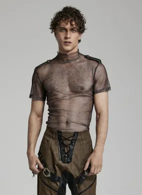 T-shirt steampunk PUNK RAVE homme en tissu résille marron avec épaulettes